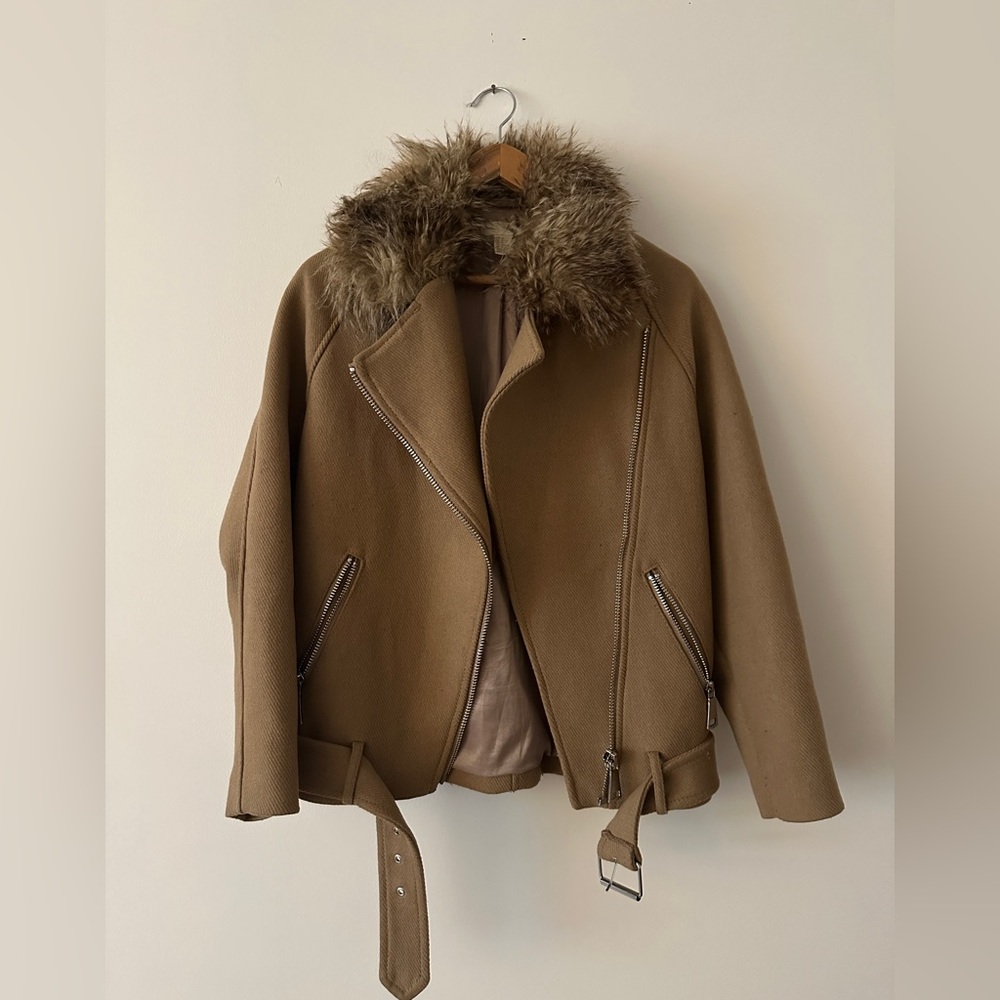 H&M Brown Teddy Jacket with Faux Fur Collar